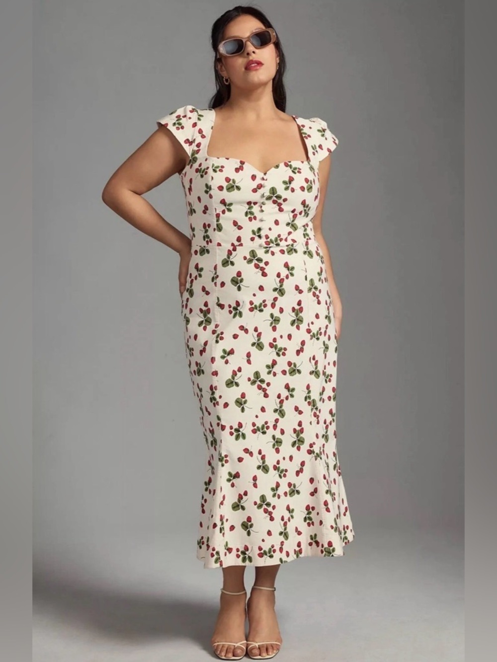 Anthropologie Cream red Midi Dress with strawberries. Medium